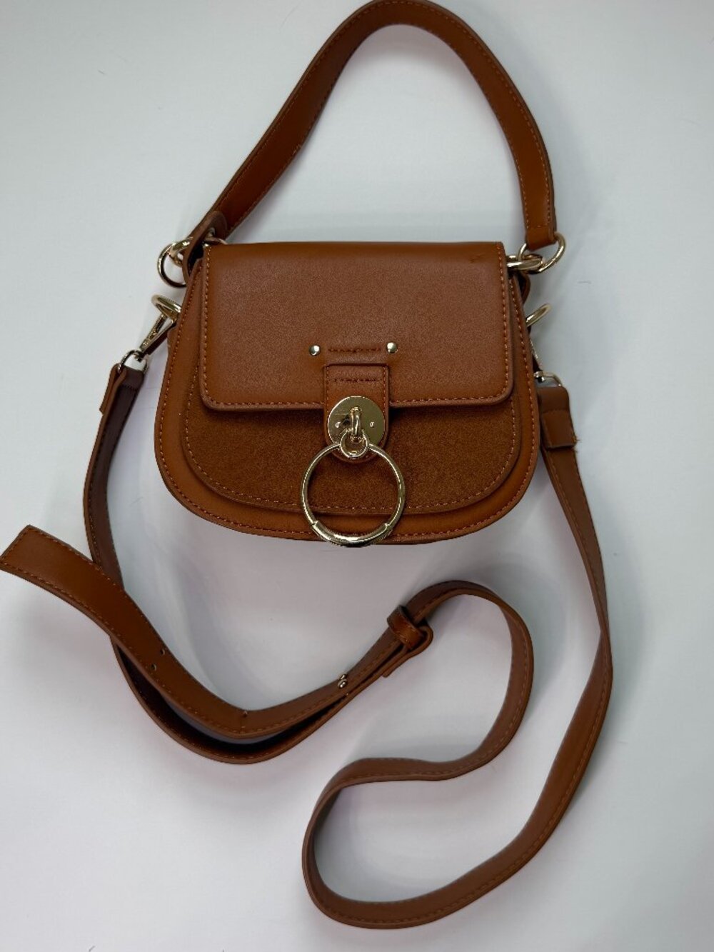 Brown Faux Leather Suede Crossbody Bag Gold Ring Buckle Detachable Strap Cognac